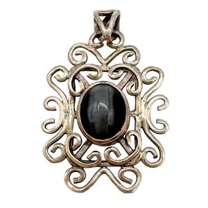Vintage Sterling Silver 925 Gray Labradorite Filigree Pendant 90s Grunge Celtic